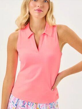 Lilly Pulitzer Alister Luxletic Sorbet Pink Sleeveless Polo Collared Top L
